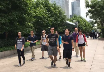 students walking down street