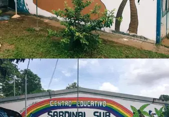 The mural we painted at sardinal sur and what it looked like when the second group finished it