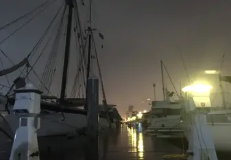 Harvey Gamage docked at night