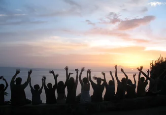 group photo waving arms