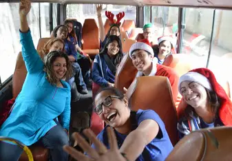 group photo on bus