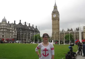 Brittney standing in front of Big Ben, Downing Street, London.