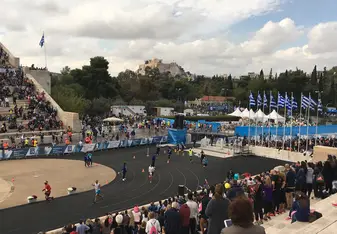 Athens Marathon Finish Line with View of the Acropolis