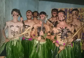 Guys on a dance costume.