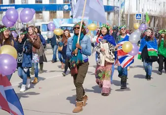 Marching with my company during the annual workers day parade