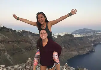 Olivia and Ming in Santorini on a hike