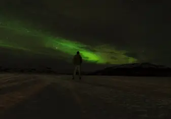 The man standing looking at the yellow green sky