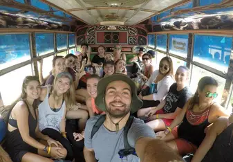 A groupie inside a vehicle.