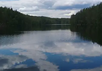 A mirror-calm lake.