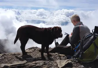 male and dog on a mountain