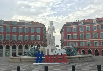 In the middle of Place Massena is a huge fountain that is a landmark for the center of the city