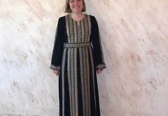 Me wearing a Palestinian dress my hostmom helped me pick out