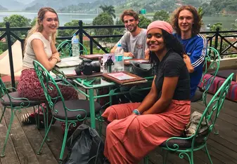 This picture was taken in Pokhara, a city 200 km from Kathmandu. I was with a girl from ireland, a guy from New zealand, another guy from USA and other guy from Canada. 40 minutes after we took this picture another 10 volunteers joined us at this amazing rooftop. 