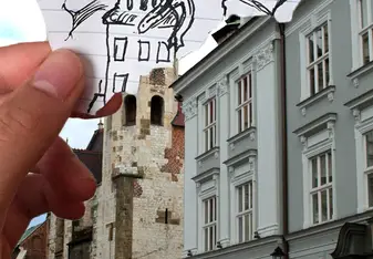 Krakow, Poland, with a dragon drawn onto the photo.