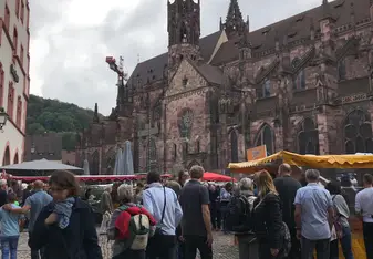 There is a market in the square of the Freiburger Munster 6 days a week. Flowers, plants, sausages, fresh vegetables and fruits and more!