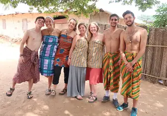 getting in traditional dress before we meet a local Ghanain witch doctor.. 