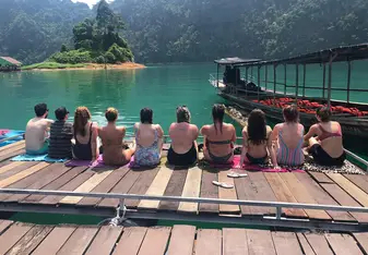 Tour group sitting on the dock at Khao Sok National Parn