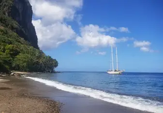 Looking from the beach at Argo, moored here in St. Lucia.
