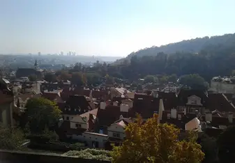 The view from Prague Castle behind St. Vitus Cathedral.