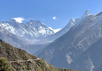 View of Everest, Lhotse and Ama Dablam from the trail to Everest View Hotel