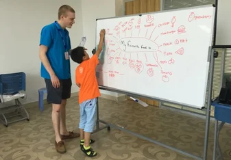 Photo of Volunteer and Child in a Classroom