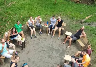 Enjoying a drink break in camp after some hard work