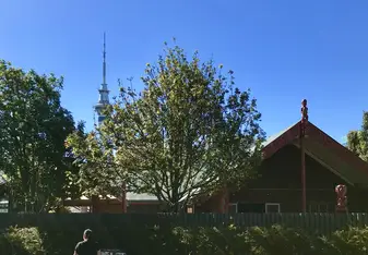 AUT Marae with Auckland Sky Tower in the back
