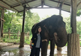 This photo shows an elephant, Koon, and I side by side. 