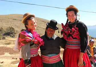 Dressed like locals in Lake Titicaca