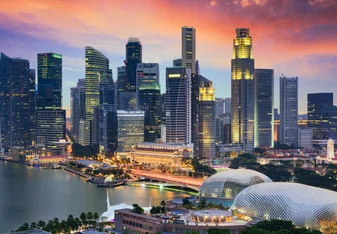 City of Singapore buildings at sunset.