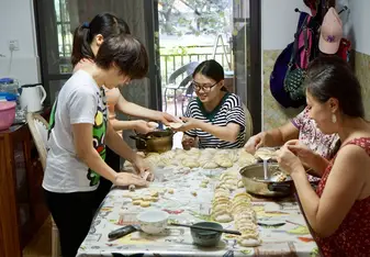 My homestay was a rich part of my experience - here we are making dumplings, three generations of the family together