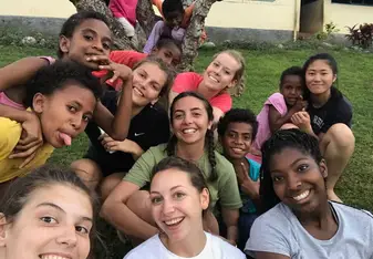 Typical school smiles- This photo was taken one day after school - The Fijian children loved to play with our hair and play games with us all afternoon- As you can tell from this photo- there was never a sad face- on the school grounds - there was endless amounts of fun