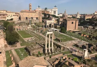 Roman Forum, Western half, taken from the Palatine Hill, Rome. April 2019