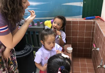Toothbrushing with new toothbrushes provided by GVI