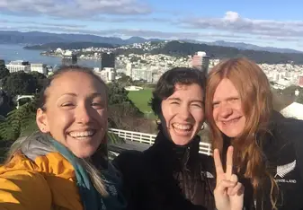 Roommates at the Botanic Gardens, view of Wellington.