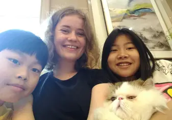 My chinise host children and I looking very happy.