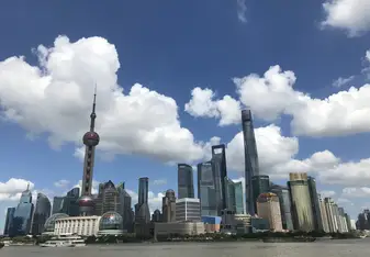 Image of the Bund area of Shanghai. The Pearl Tower and other skyscrapers are pictured. 
