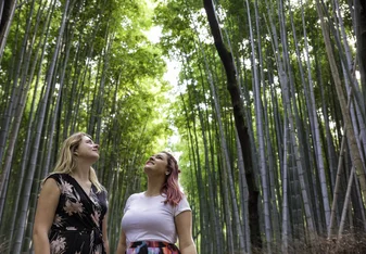 Two woman in a Bamboo Forest in Japan