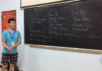 In front of a blackboard