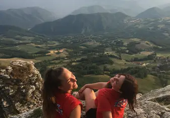 This is my friend and I, on top of a huge rock in the middle of Italy! Pietra di Bismantova, located in Reggio Emilia. We we're so lucky we we're able to climb the mountain and see amazing views like this one! 