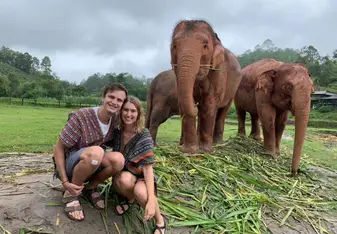 A young man and woman sitting in front of a group of elephants