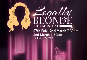 A pink poster reads the musical in the university “legally blonde” 