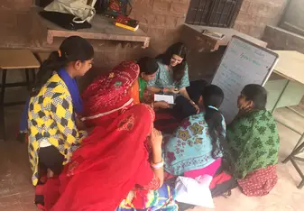 This picture shows me with my English advanced class, the Sunflower group. We often read English moral stories together.