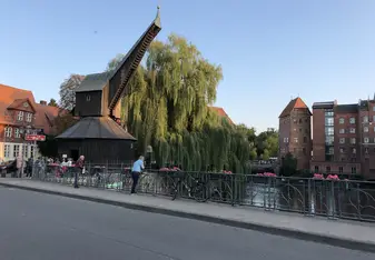 A picture taken from a riverside restaurant of an old fashioned wooden crane. Behind it is a massive weeping willow and several old orange and white bricked buildings with shingled roofs.