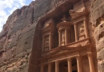 Looking up at the Treasury at Petra. 