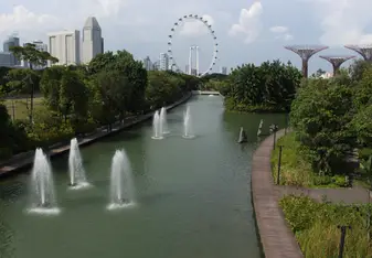 Singapore view from bridge between Gardens by the Bay and Marina Bay Sands