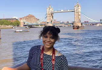 Me in front of the Tower Bridge on the Thames River.