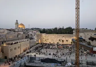 View of the Western Wall, center, and the Al-Aqsa Mosque to the left