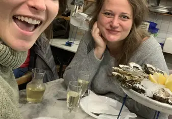 Oysters and white wine with my coworker Monica 