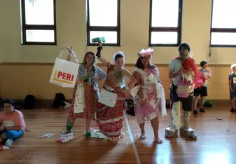 The kids dressed us up with whatever matericals they brought in from home. 